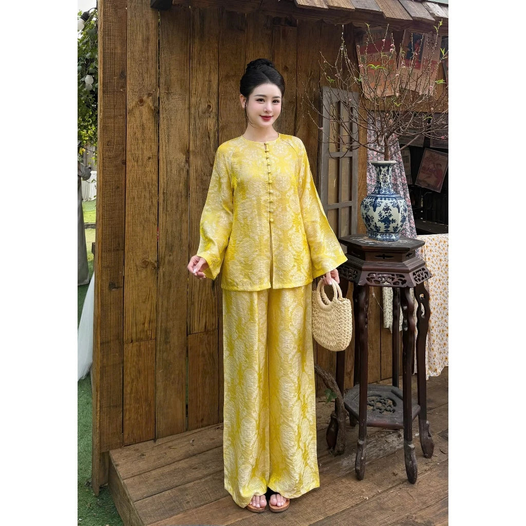 PP419 Pháp Phục Bà Ba Lụa Tằm Ánh Kim Hoạ Tiết Chữ Thọ Form Dáng Suông