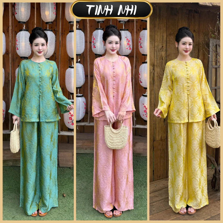 PP419 Pháp Phục Bà Ba Lụa Tằm Ánh Kim Hoạ Tiết Chữ Thọ Form Dáng Suông