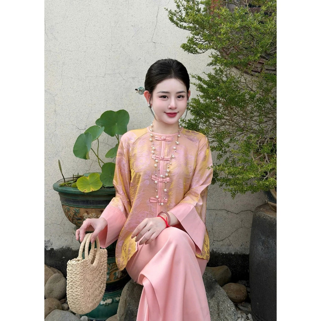 PP383 pháp phục nữ chất lụa tằm ánh kim phối tay gấm sang trọng và tiểu thư
