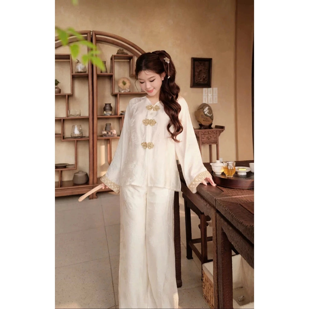 PP428 pháp phục nữ lụa tằm ánh kim tay phối ren