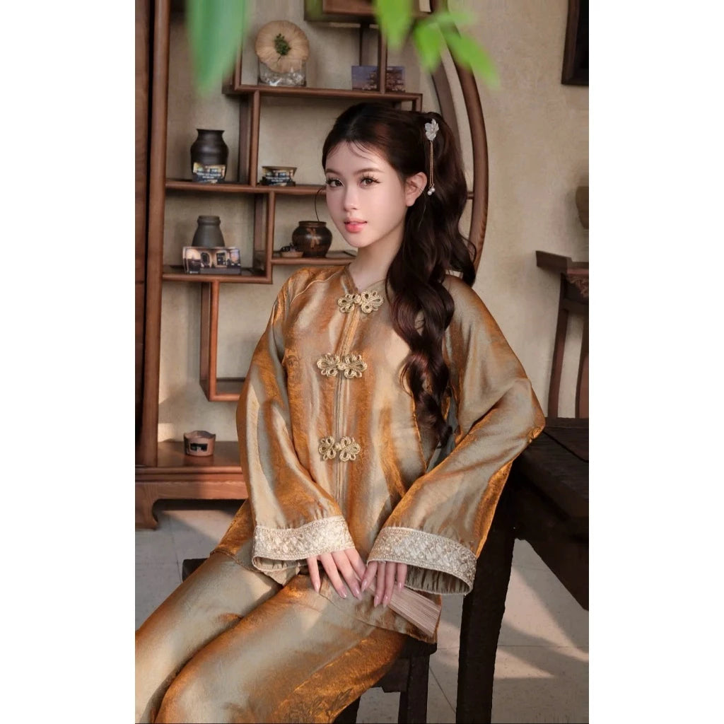 PP428 pháp phục nữ lụa tằm ánh kim tay phối ren