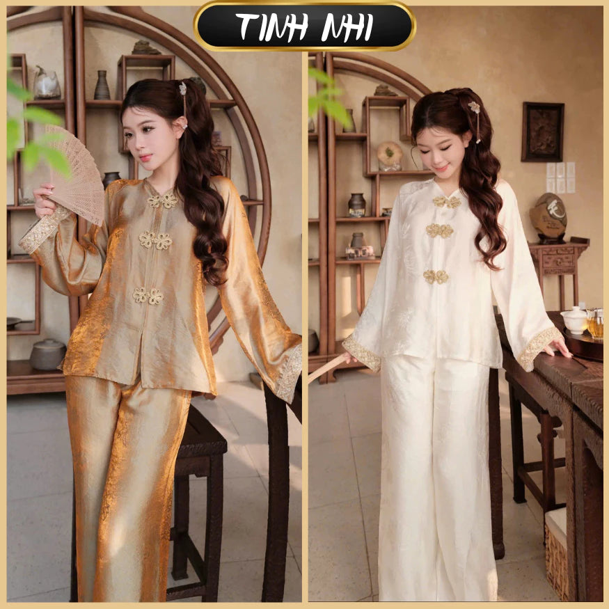 PP428 pháp phục nữ lụa tằm ánh kim tay phối ren