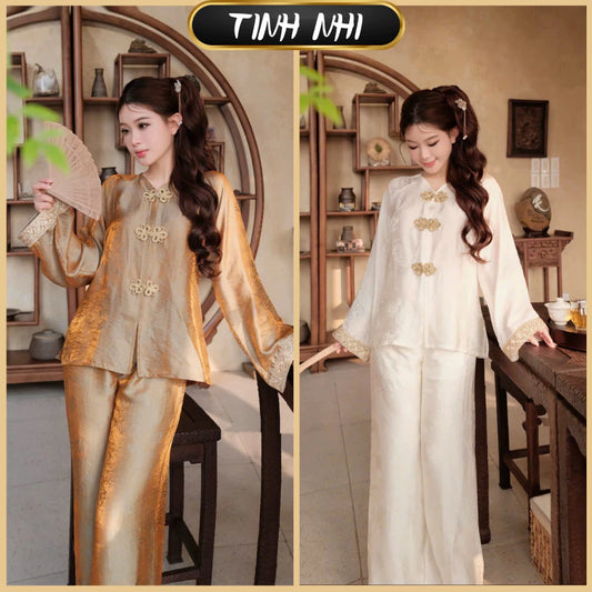 PP428 pháp phục nữ lụa tằm ánh kim tay phối ren