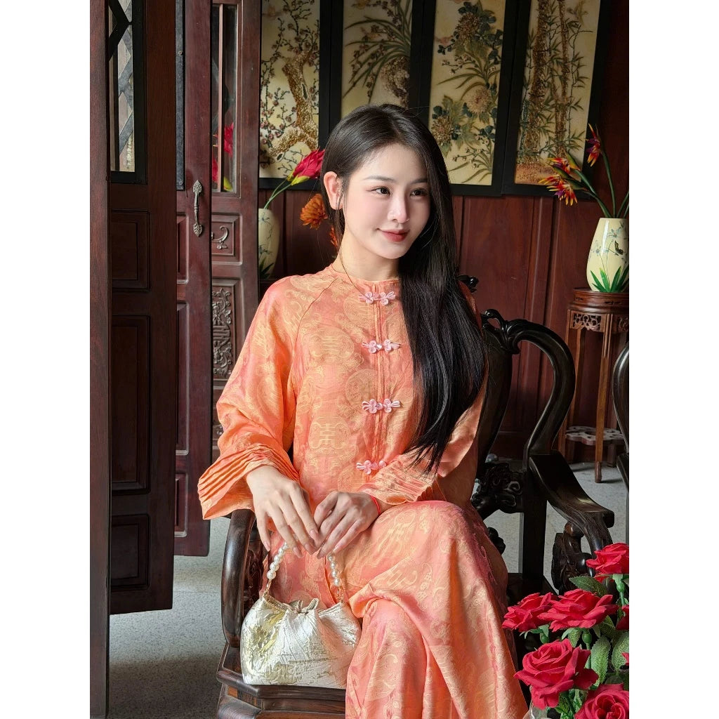 PP435 Set lụa lam phối tay xếp ly cúc ngọc thanh lịch và duyên dáng