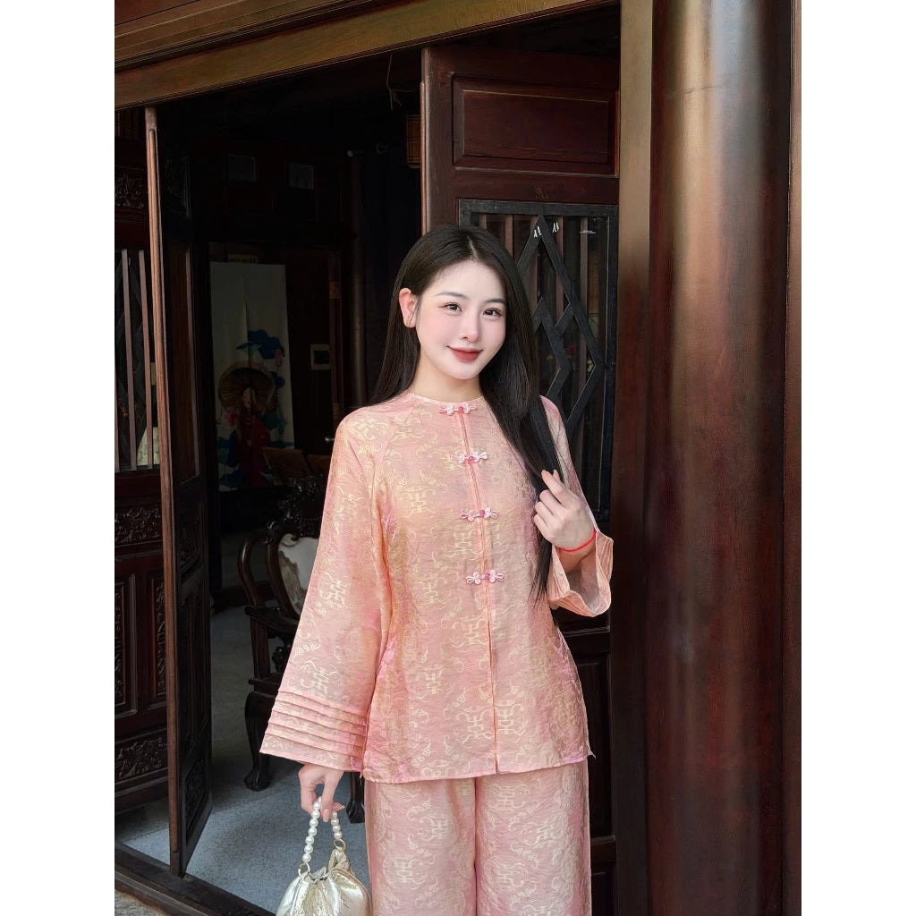 PP435 Set lụa lam phối tay xếp ly cúc ngọc thanh lịch và duyên dáng
