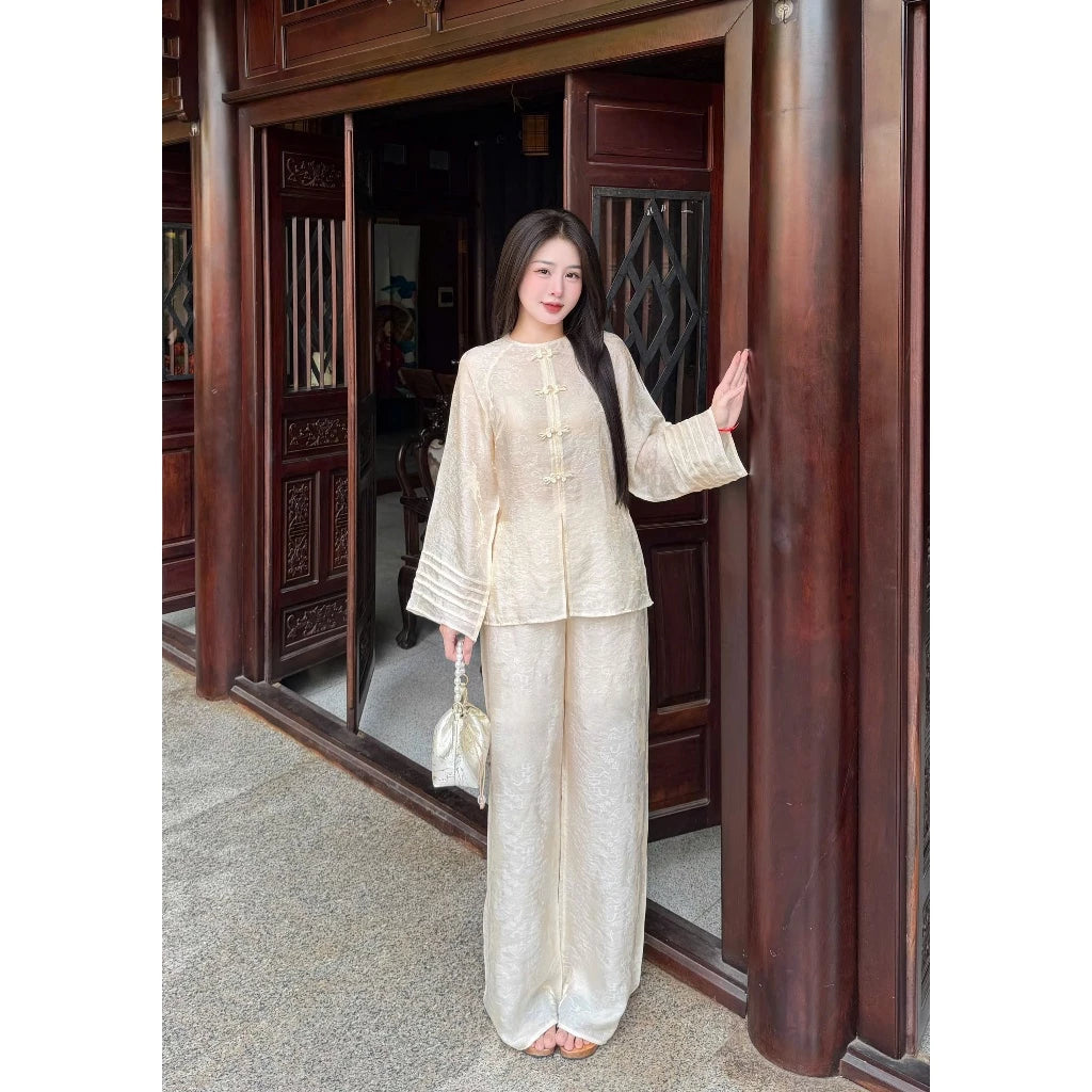 PP435 Set lụa lam phối tay xếp ly cúc ngọc thanh lịch và duyên dáng