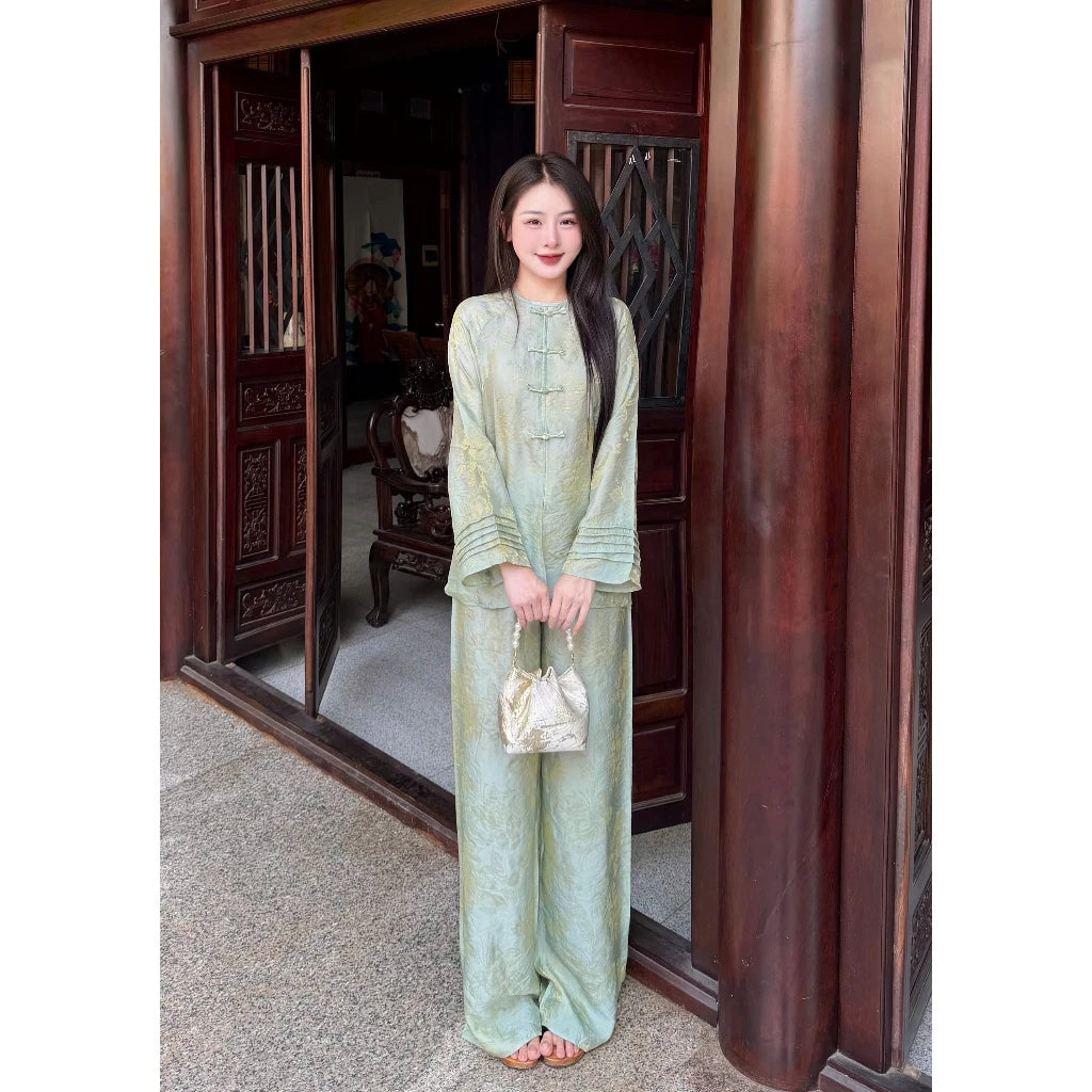 PP435 Set lụa lam phối tay xếp ly cúc ngọc thanh lịch và duyên dáng