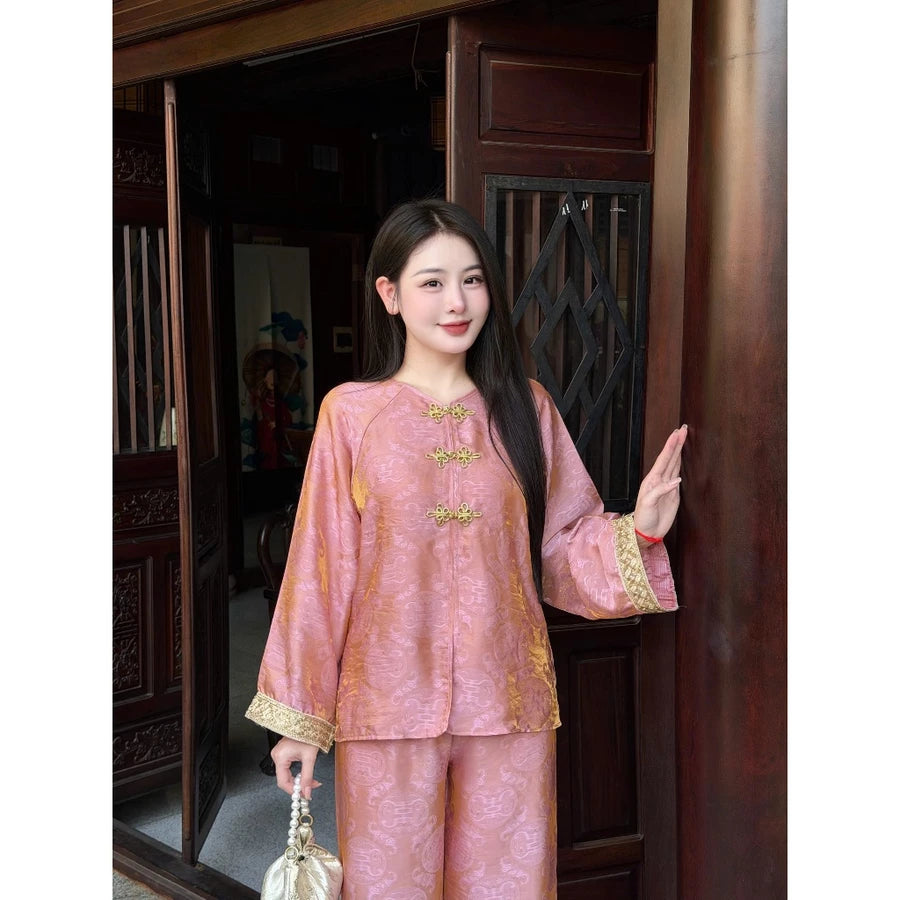 PP428 pháp phục nữ lụa tằm ánh kim tay phối ren