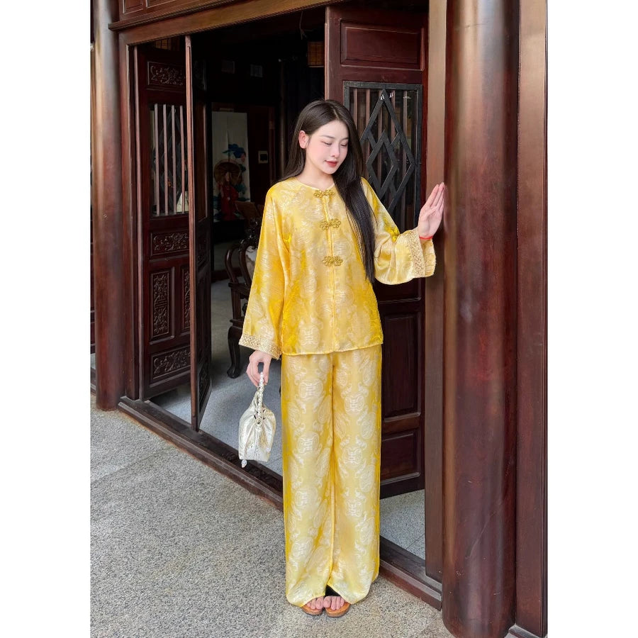 PP428 pháp phục nữ lụa tằm ánh kim tay phối ren