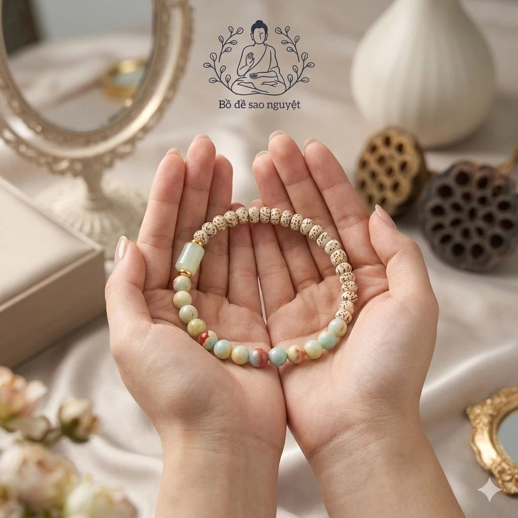 B05 - Vòng tay hạt bồ đề tinh nguyệt tự nhiên phối đá Thọ Sơn - Tặng túi gấm