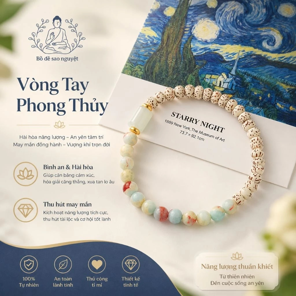 B05 - Vòng tay hạt bồ đề tinh nguyệt tự nhiên phối đá Thọ Sơn - Tặng túi gấm
