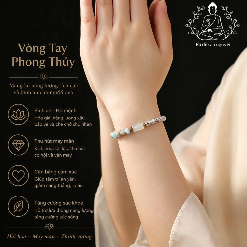 B05 - Vòng tay hạt bồ đề tinh nguyệt tự nhiên phối đá Thọ Sơn - Tặng túi gấm