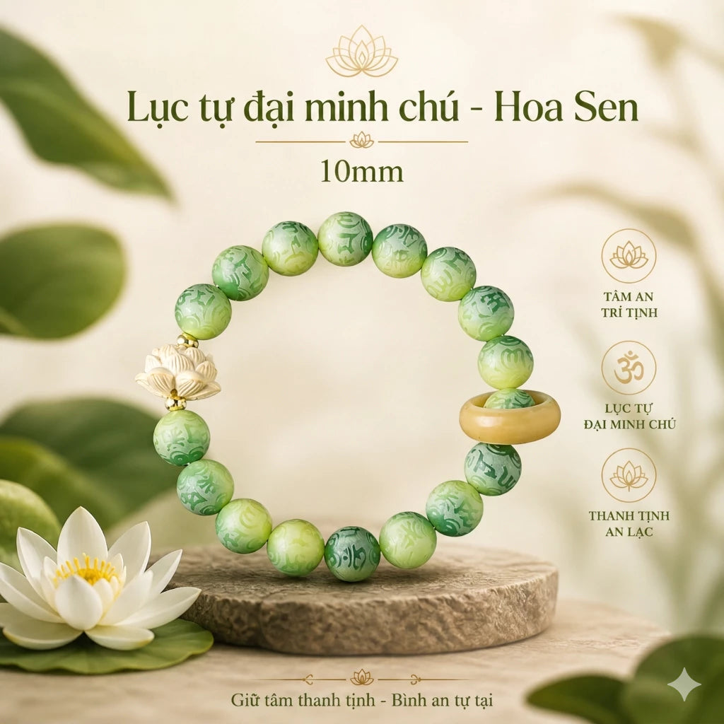B62 - Vòng Tay Hạt Bồ Đề Hoa Sen Khắc Lục Tự Đại Minh Chú Omani 10mm - Tặng Kèm Túi Gấm