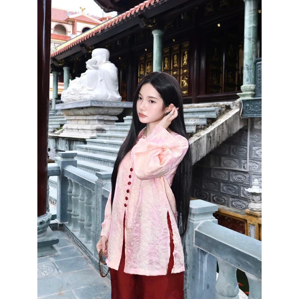 PP438 pháp phục nữ bà ba cổ V chất lụa tằm ánh kim phối màu