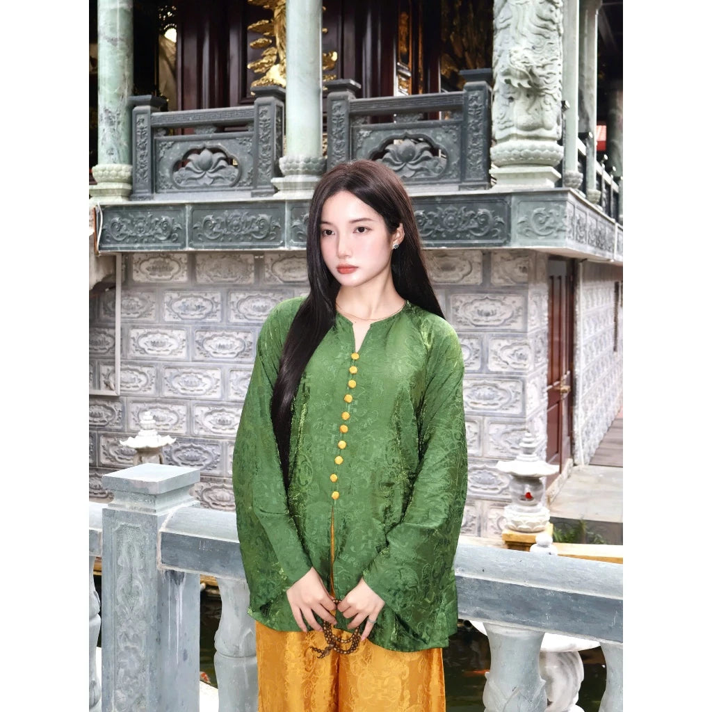 PP438 pháp phục nữ bà ba cổ V chất lụa tằm ánh kim phối màu