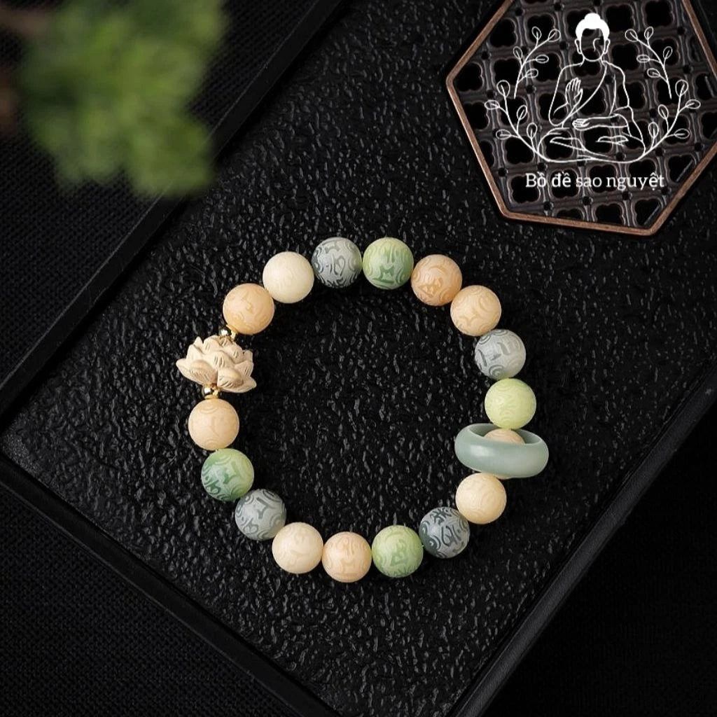 B62 - Vòng Tay Hạt Bồ Đề Hoa Sen Khắc Lục Tự Đại Minh Chú Omani 10mm - Tặng Kèm Túi Gấm