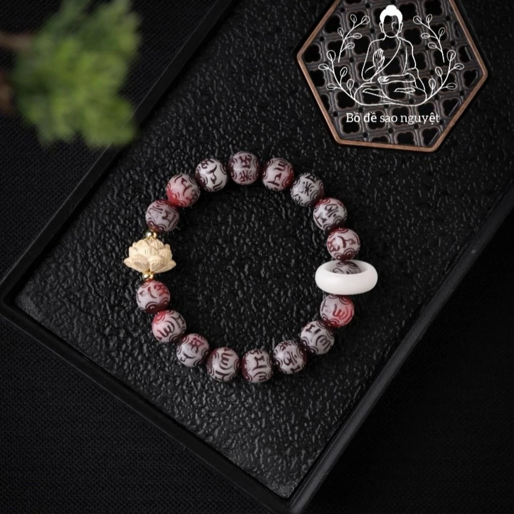 B62 - Vòng Tay Hạt Bồ Đề Hoa Sen Khắc Lục Tự Đại Minh Chú Omani 10mm - Tặng Kèm Túi Gấm