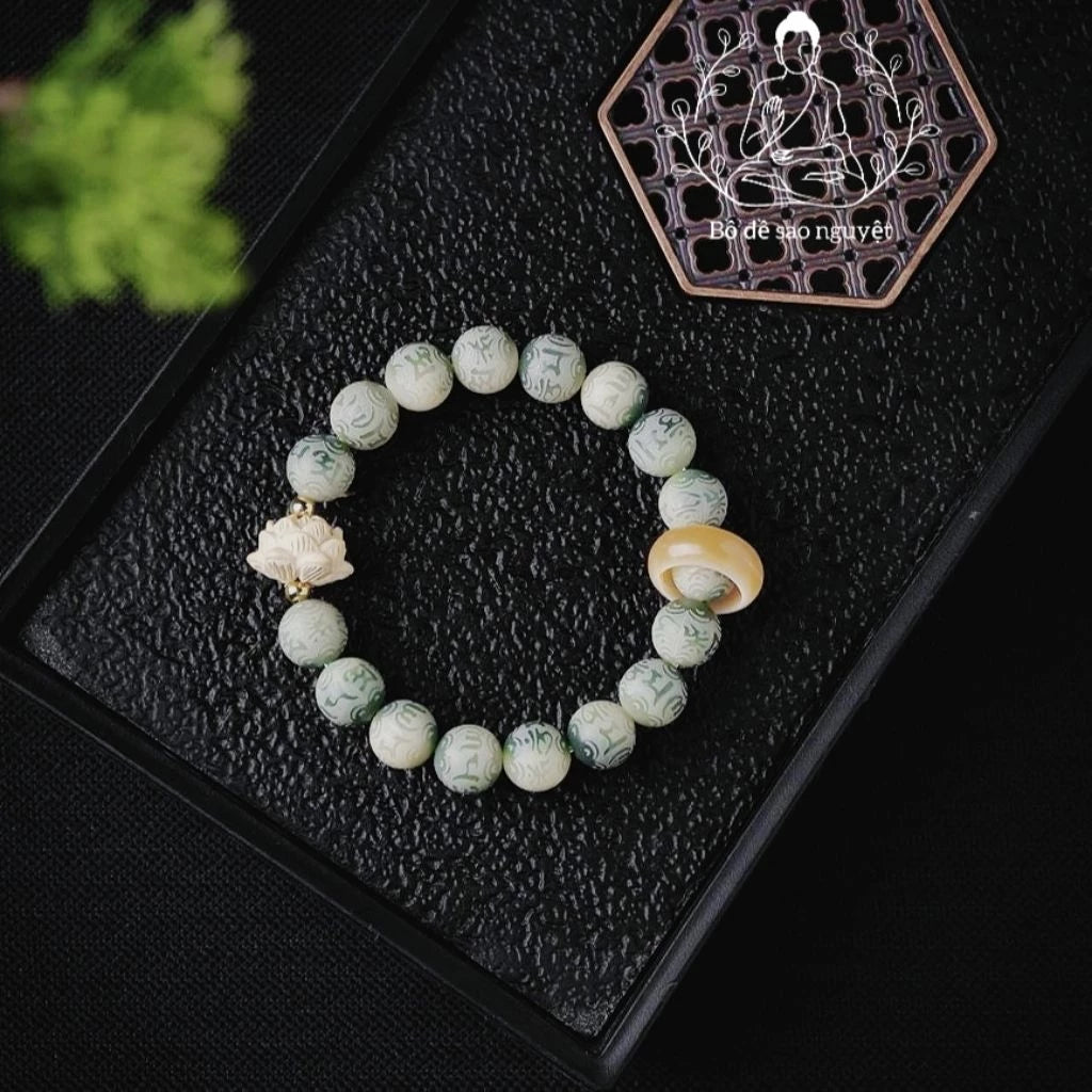 B62 - Vòng Tay Hạt Bồ Đề Hoa Sen Khắc Lục Tự Đại Minh Chú Omani 10mm - Tặng Kèm Túi Gấm