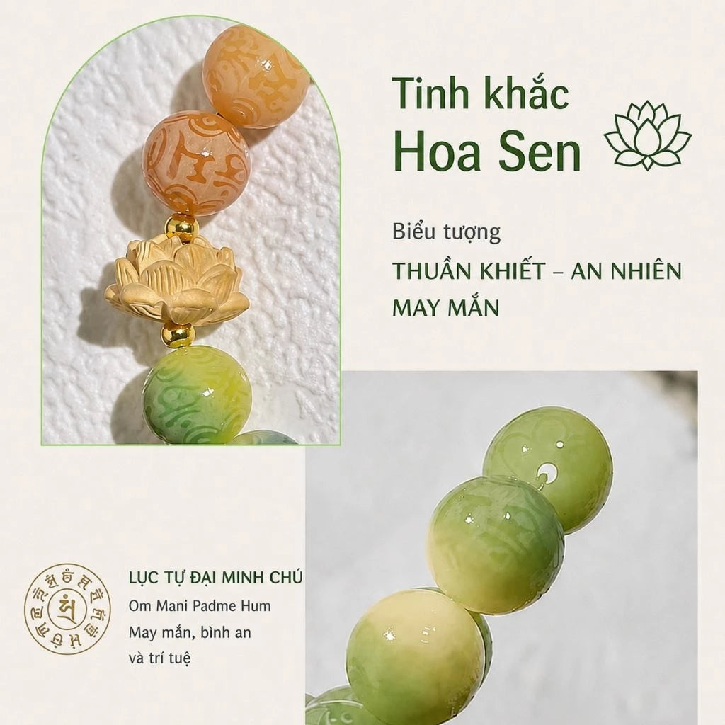 B62 - Vòng Tay Hạt Bồ Đề Hoa Sen Khắc Lục Tự Đại Minh Chú Omani 10mm - Tặng Kèm Túi Gấm