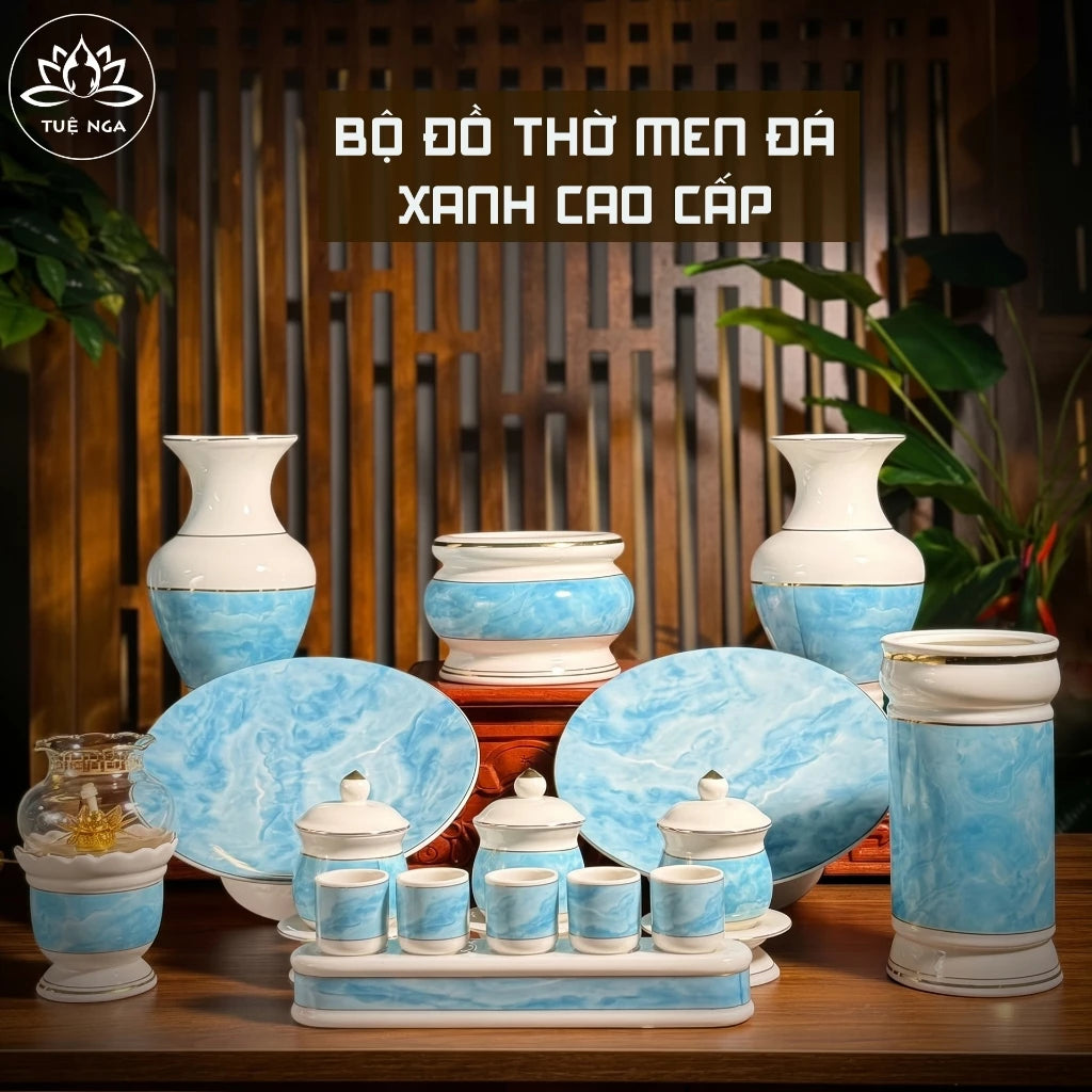 Bộ đồ thờ gốm sứ vân đá Xanh cao cấp, bộ đồ thờ gia tiên, đồ thờ thần tài - Tuệ Nga