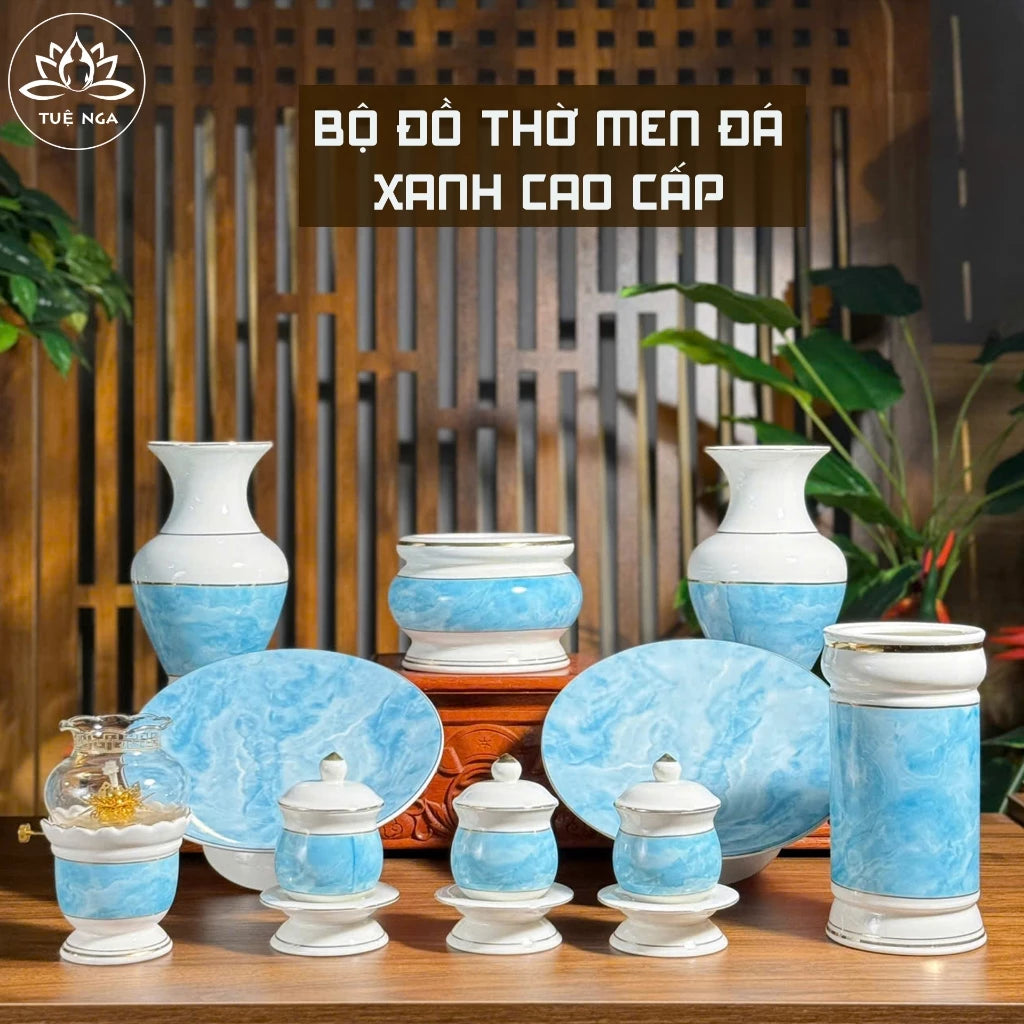Bộ đồ thờ gốm sứ vân đá Xanh cao cấp, bộ đồ thờ gia tiên, đồ thờ thần tài - Tuệ Nga