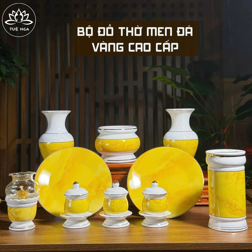 Bộ đồ thờ gốm sứ vân đá Vàng cao cấp, bộ đồ thờ gia tiên, đồ thờ thần tài - Tuệ Nga