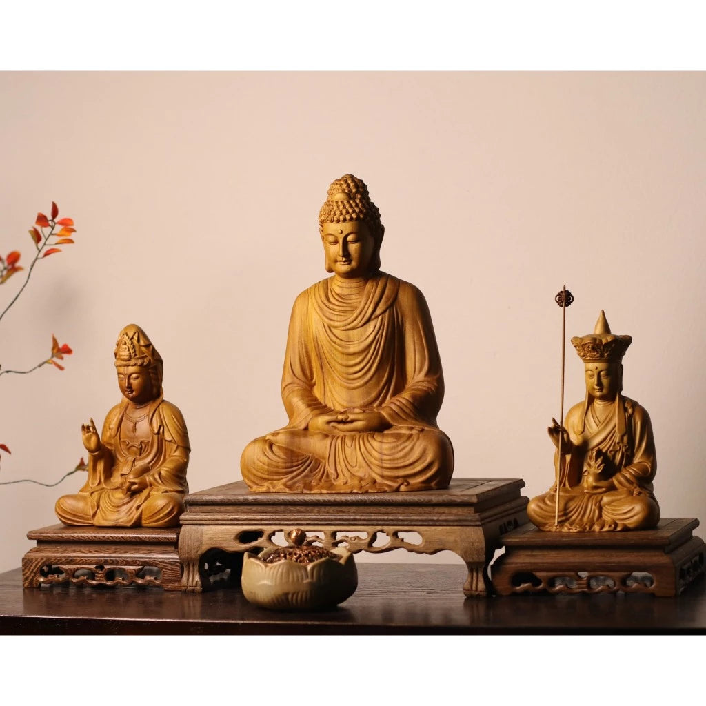 Bộ tượng Ta Bà Tam Thánh decor trưng bày ban thờ, góc thiền trà