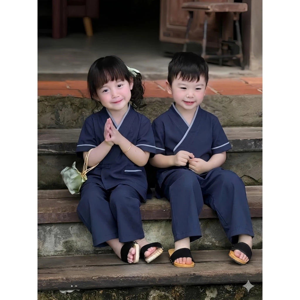 Pháp phục đi chùa cho bé trai, bé gái cổ vạt chéo lụa nhuyễn mềm mát Đồ lam cho bé đi lễ từ 16-40kg
