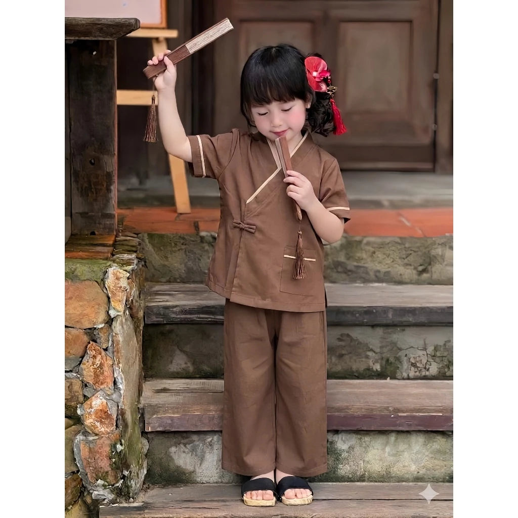 Pháp phục đi chùa cho bé trai, bé gái cổ vạt chéo lụa nhuyễn mềm mát Đồ lam cho bé đi lễ từ 16-40kg