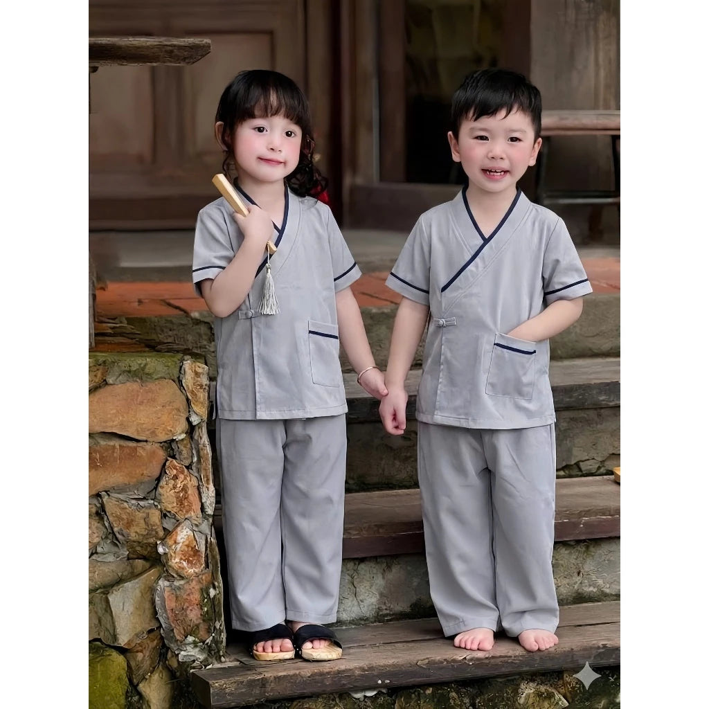 Pháp phục đi chùa cho bé trai, bé gái cổ vạt chéo lụa nhuyễn mềm mát Đồ lam cho bé đi lễ từ 16-40kg