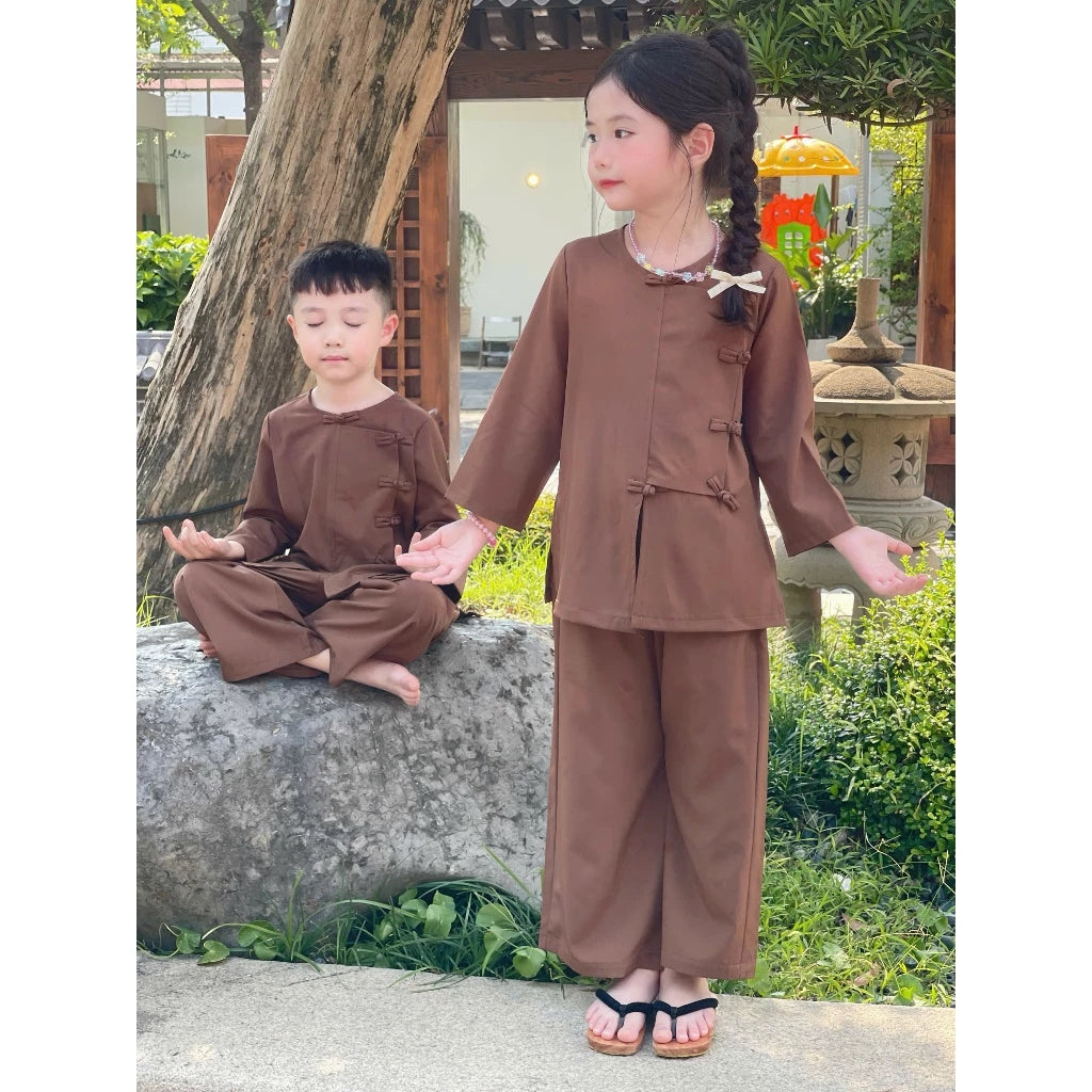 TT268 - Đồ lam đi chùa cho bé truyền thống dáng vạt hò cổ tròn dài tay