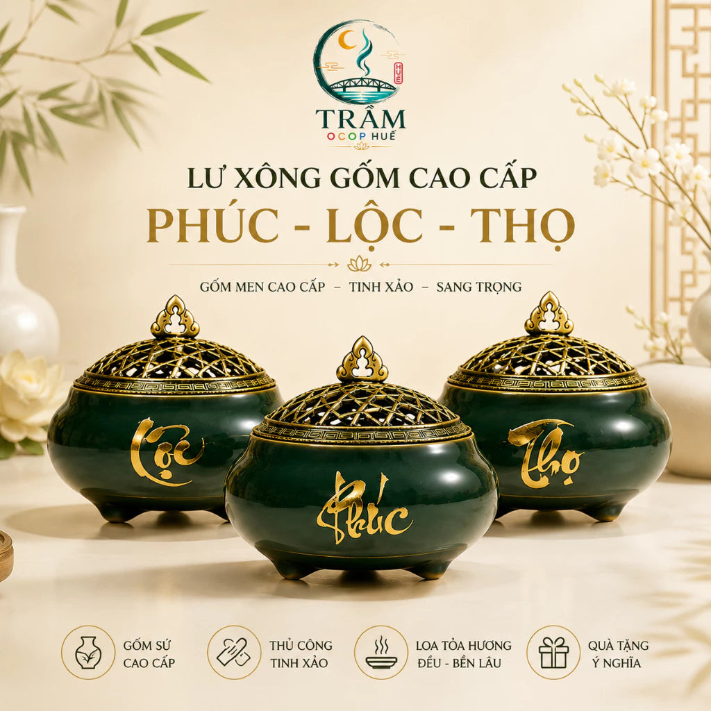 Lư Xông Trầm Gốm Cao Cấp Phúc Lộc Thọ