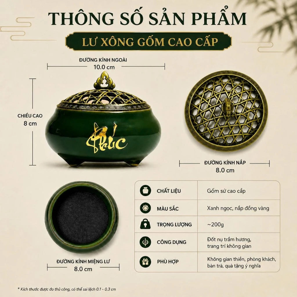 Lư Xông Trầm Gốm Cao Cấp Phúc Lộc Thọ