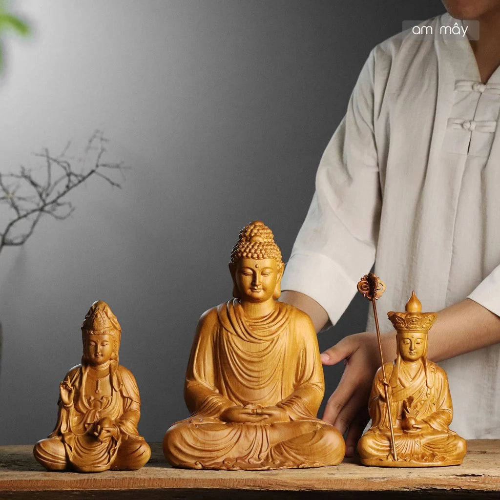 Bộ tượng Ta Bà Tam Thánh decor trưng bày ban thờ, góc thiền trà