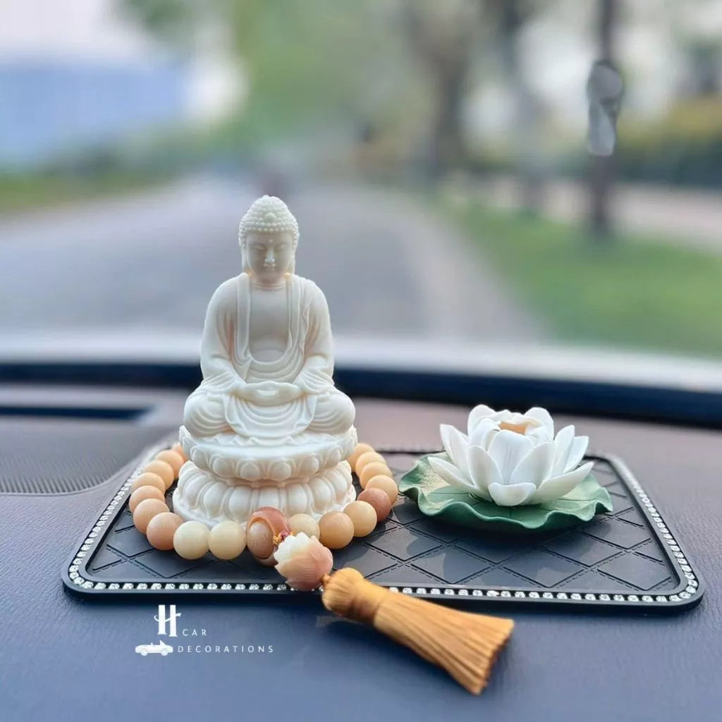 Set Tượng Phật Thích Ca A Di Đà Hạt Ngà + Hoa – Tọa Đài Sen Thiền Định – Trang Trí Taplo Ô Tô, Bàn Làm Việc
