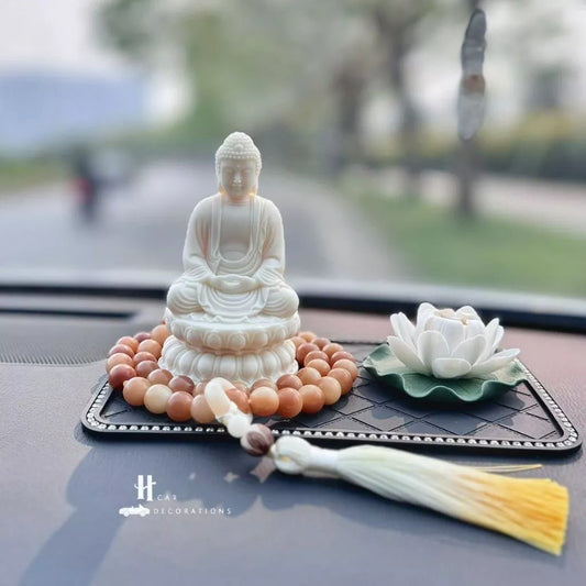 Set Tượng Phật Thích Ca A Di Đà Hạt Ngà + Hoa – Tọa Đài Sen Thiền Định – Trang Trí Taplo Ô Tô, Bàn Làm Việc