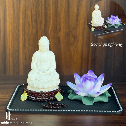 Set Tượng Phật Thích Ca A Di Đà Hạt Ngà + Hoa – Tọa Đài Sen Thiền Định – Trang Trí Taplo Ô Tô, Bàn Làm Việc