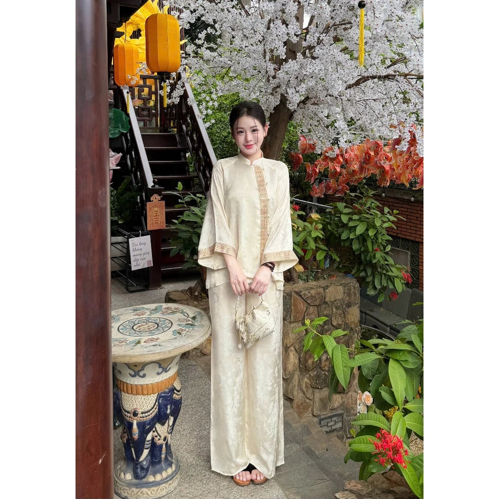 PP448 pháp phục nữ chất liệu tơ tằm hạ xuân hoa kết hợp viền ren thêu đính kết chỉ ngũ sắc kim sa