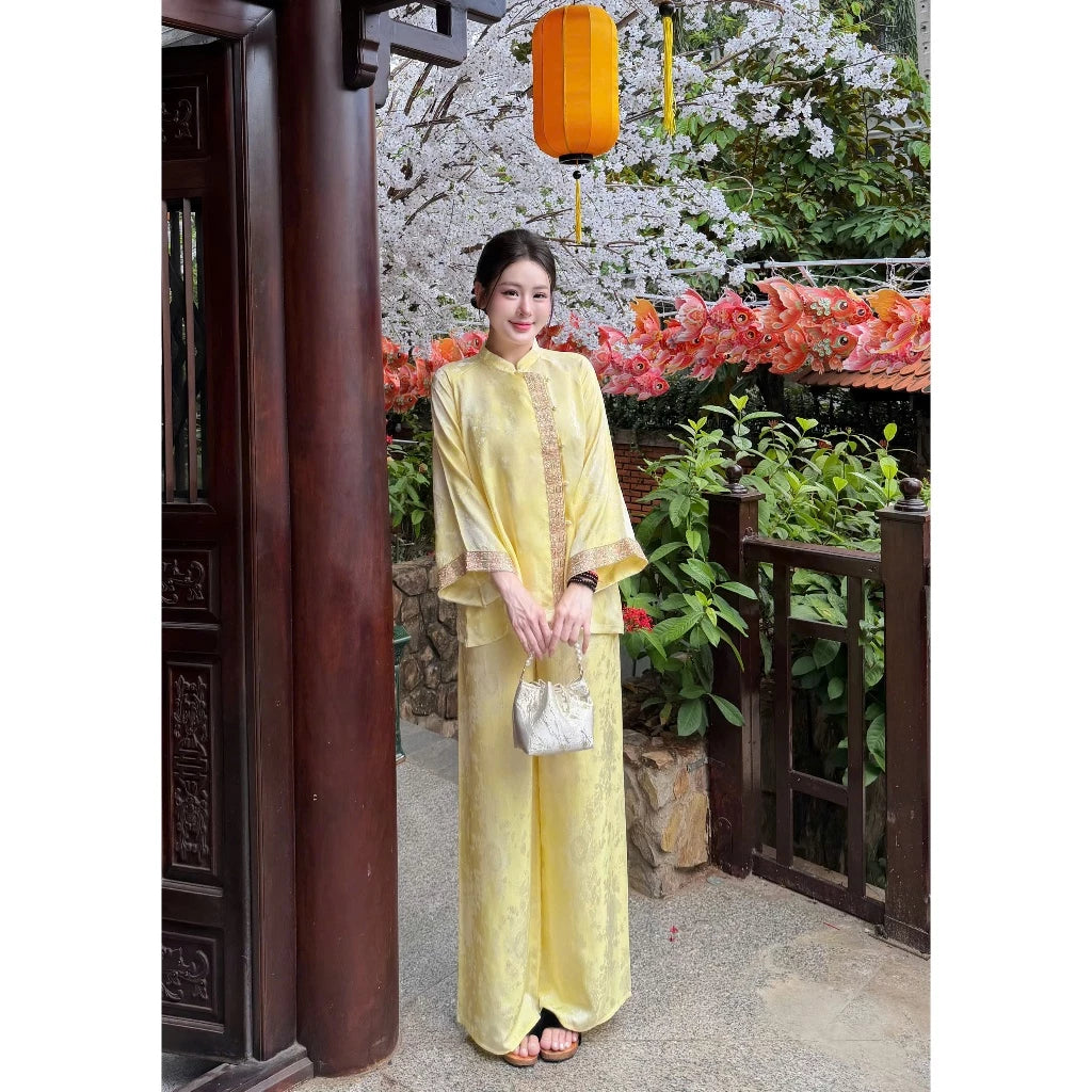 PP448 pháp phục nữ chất liệu tơ tằm hạ xuân hoa kết hợp viền ren thêu đính kết chỉ ngũ sắc kim sa