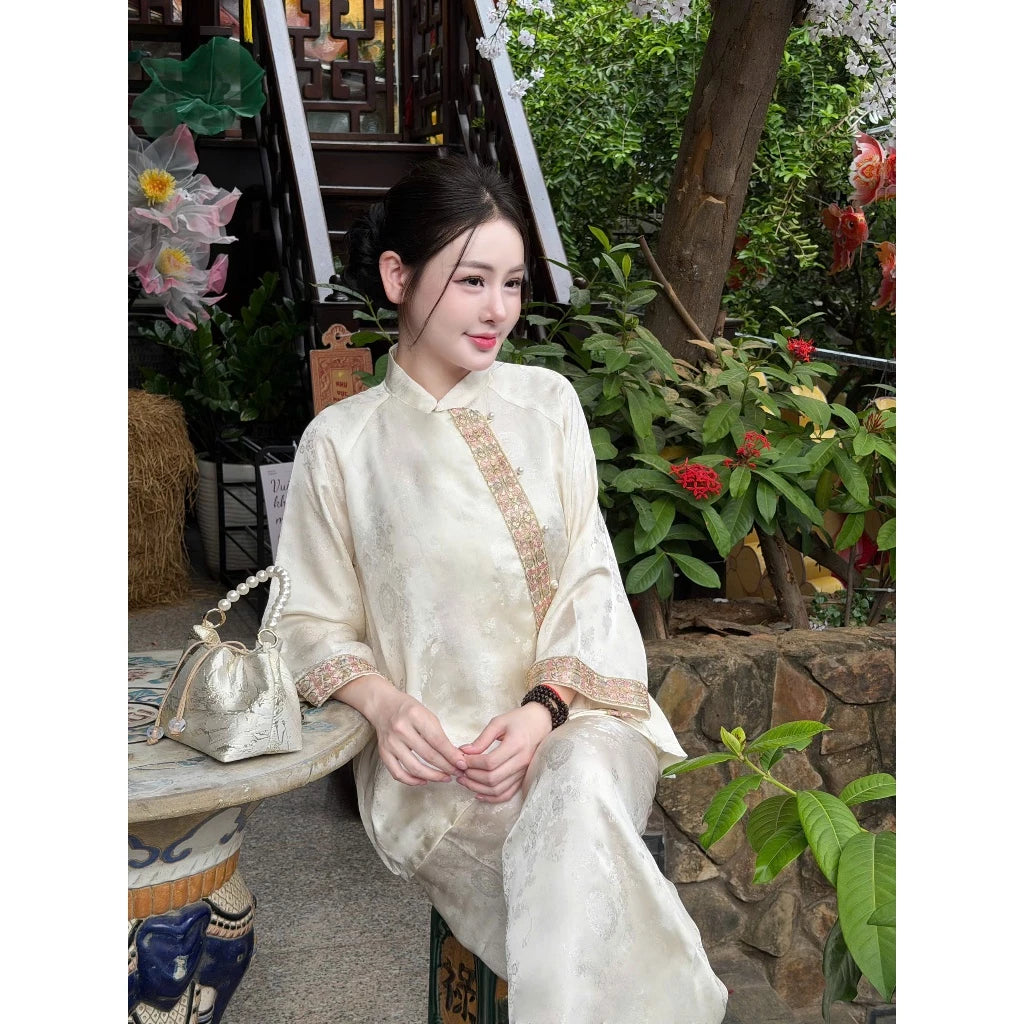 PP448 pháp phục nữ chất liệu tơ tằm hạ xuân hoa kết hợp viền ren thêu đính kết chỉ ngũ sắc kim sa