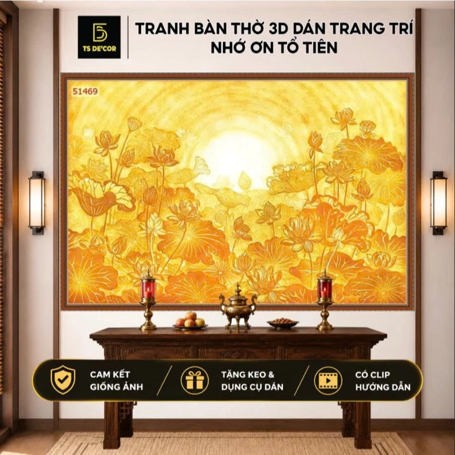 Tranh 3D trang trí phòng thờ vải lụa kim sa cao cấp