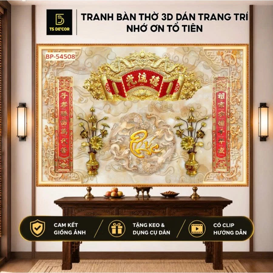 Tranh 3D trang trí phòng thờ vải lụa kim sa cao cấp
