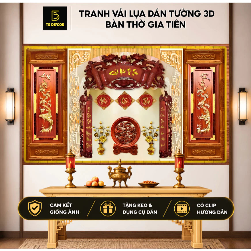 Tranh 3D trang trí phòng thờ vải lụa kim sa cao cấp