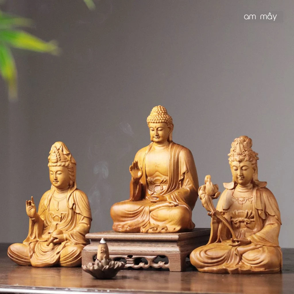 Bộ Tượng Tây Phương Tam Thánh cao 20cm + đế gỗ cao 6cm gỗ Bách