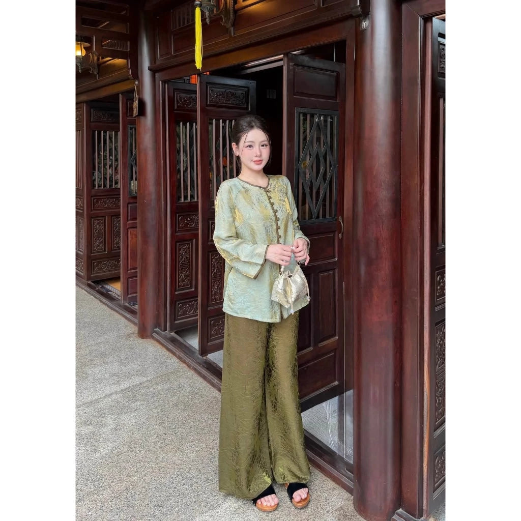 (Có Size Lớn) PP455 set bà ba pháp phục lụa tằm tencel ánh kim phối viền sang trọng và trẻ trung