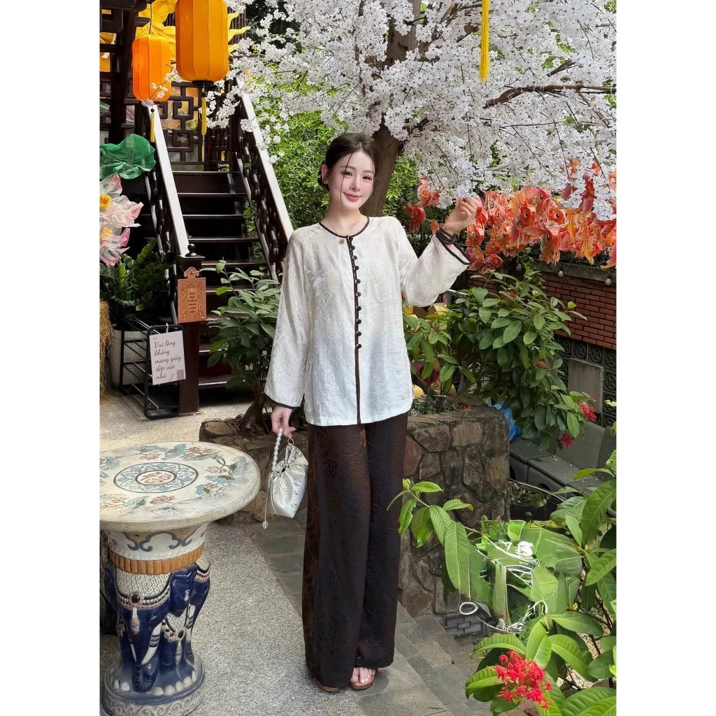 (Có Size Lớn) PP455 set bà ba pháp phục lụa tằm tencel ánh kim phối viền sang trọng và trẻ trung