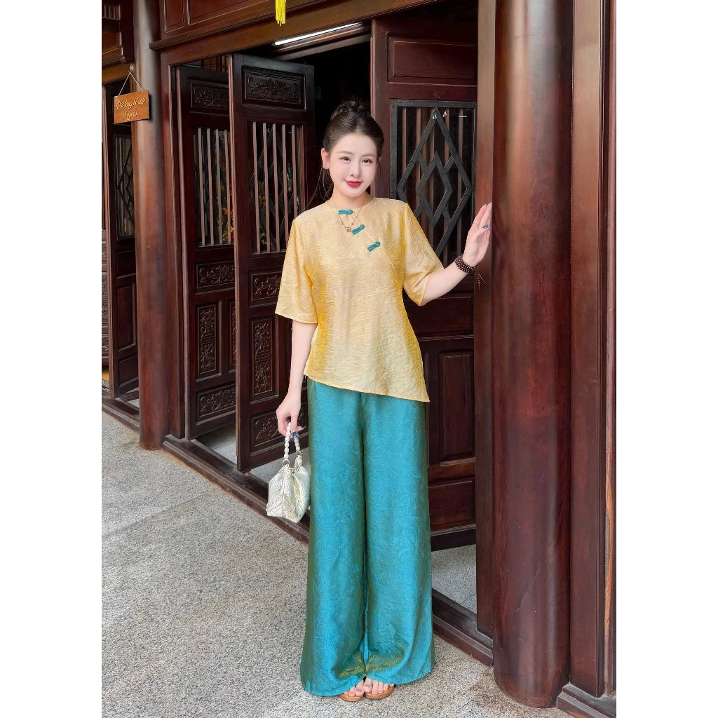 PP458 pháp phục lụa tằm ánh kim vạt chéo phối màu sang trọng tiểu thư