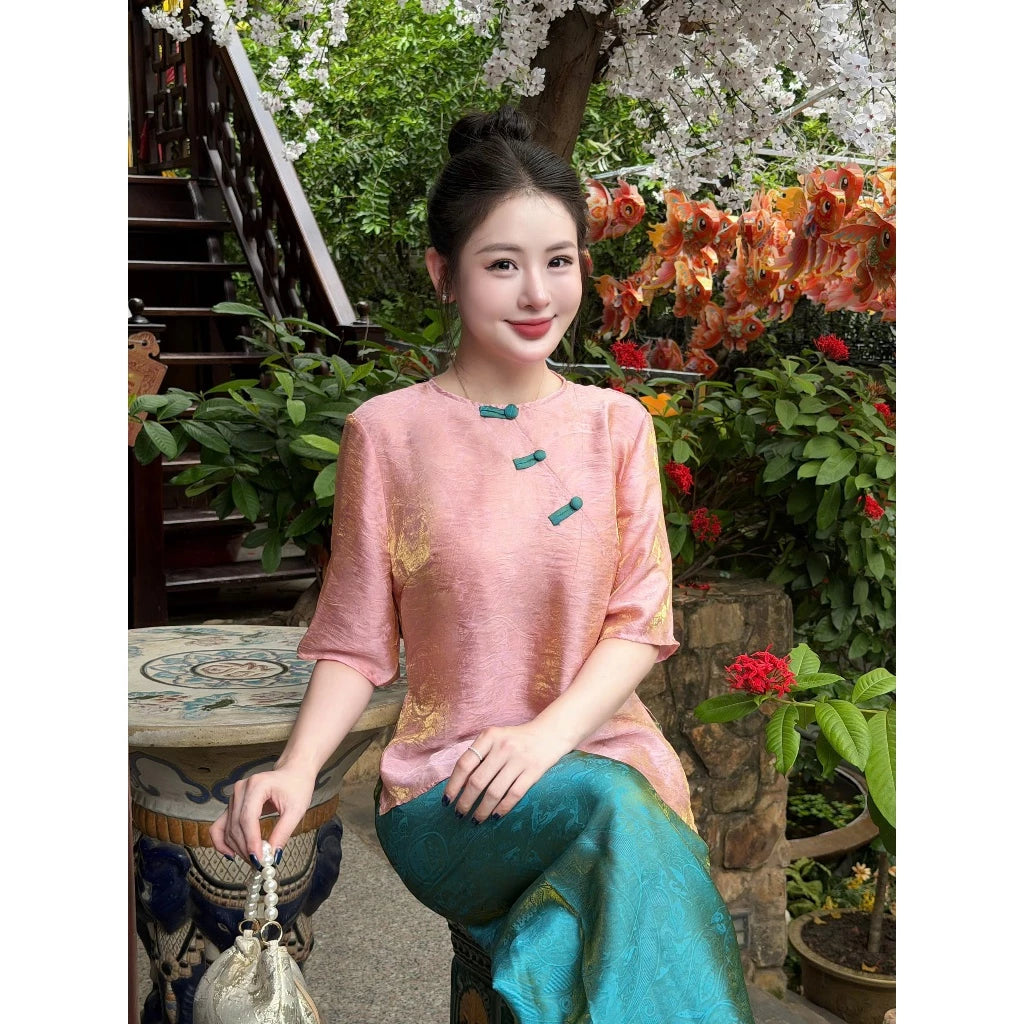 PP458 pháp phục lụa tằm ánh kim vạt chéo phối màu sang trọng tiểu thư