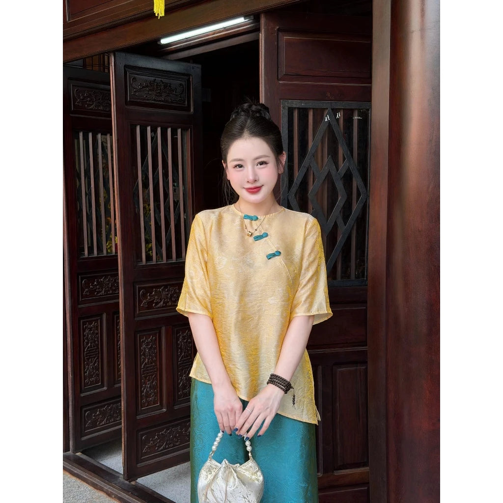 PP458 pháp phục lụa tằm ánh kim vạt chéo phối màu sang trọng tiểu thư