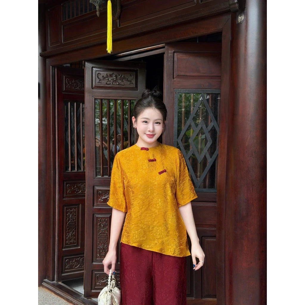 PP458 pháp phục lụa tằm ánh kim vạt chéo phối màu sang trọng tiểu thư